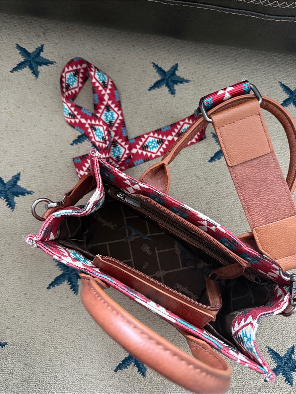 Wrangler Red Southwestern Tote with Turquoise Accents and Brown Trim - Picture 2 of 2